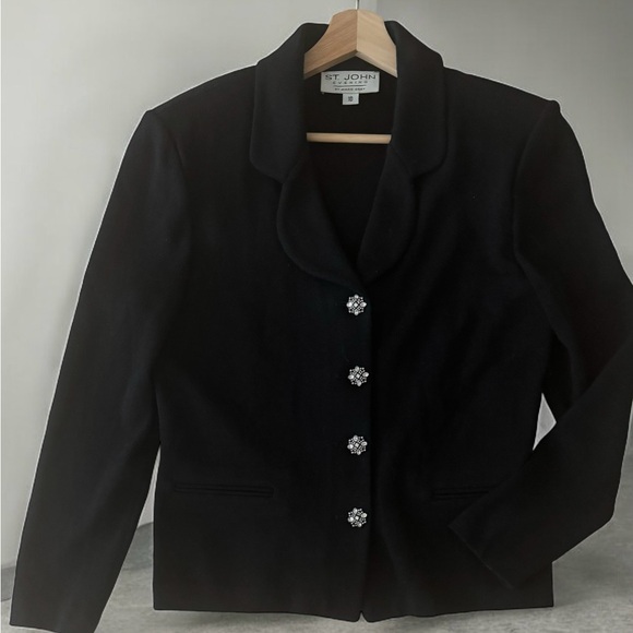 St. John Evening Suit Jacket w Diamond-like cluster buttons Black Size 10 Wool - Picture 1 of 11